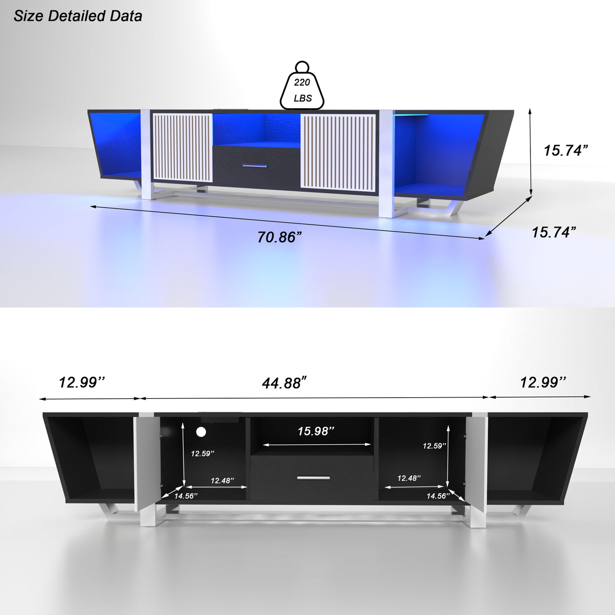 Black TV console size diagram showing two doors and center drawer on base
