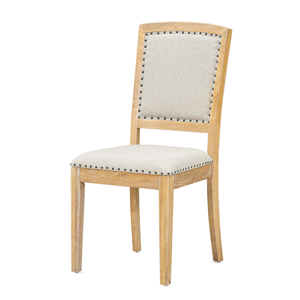 Dining chair in natural wood with light gray upholstered seat and studded back trim