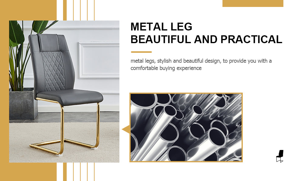 Gray faux leather dining chair with quilted back and gold metal legs