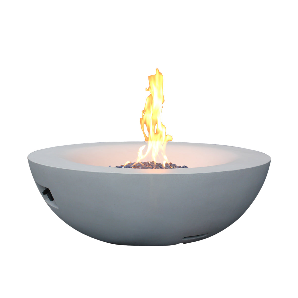 Antique white concrete propane fire pit bowl with tall center flames
