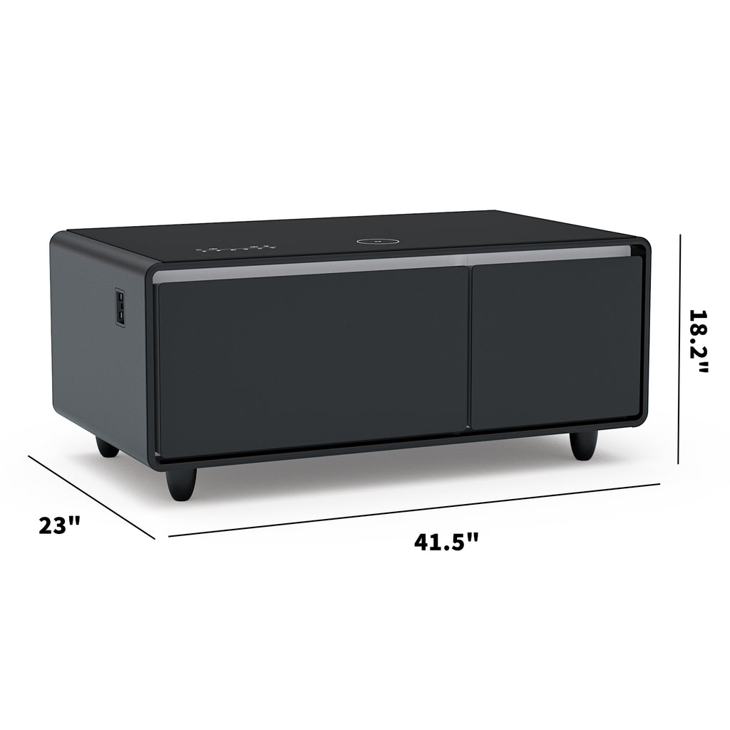 Black smart coffee table side view with front doors and visible USB port