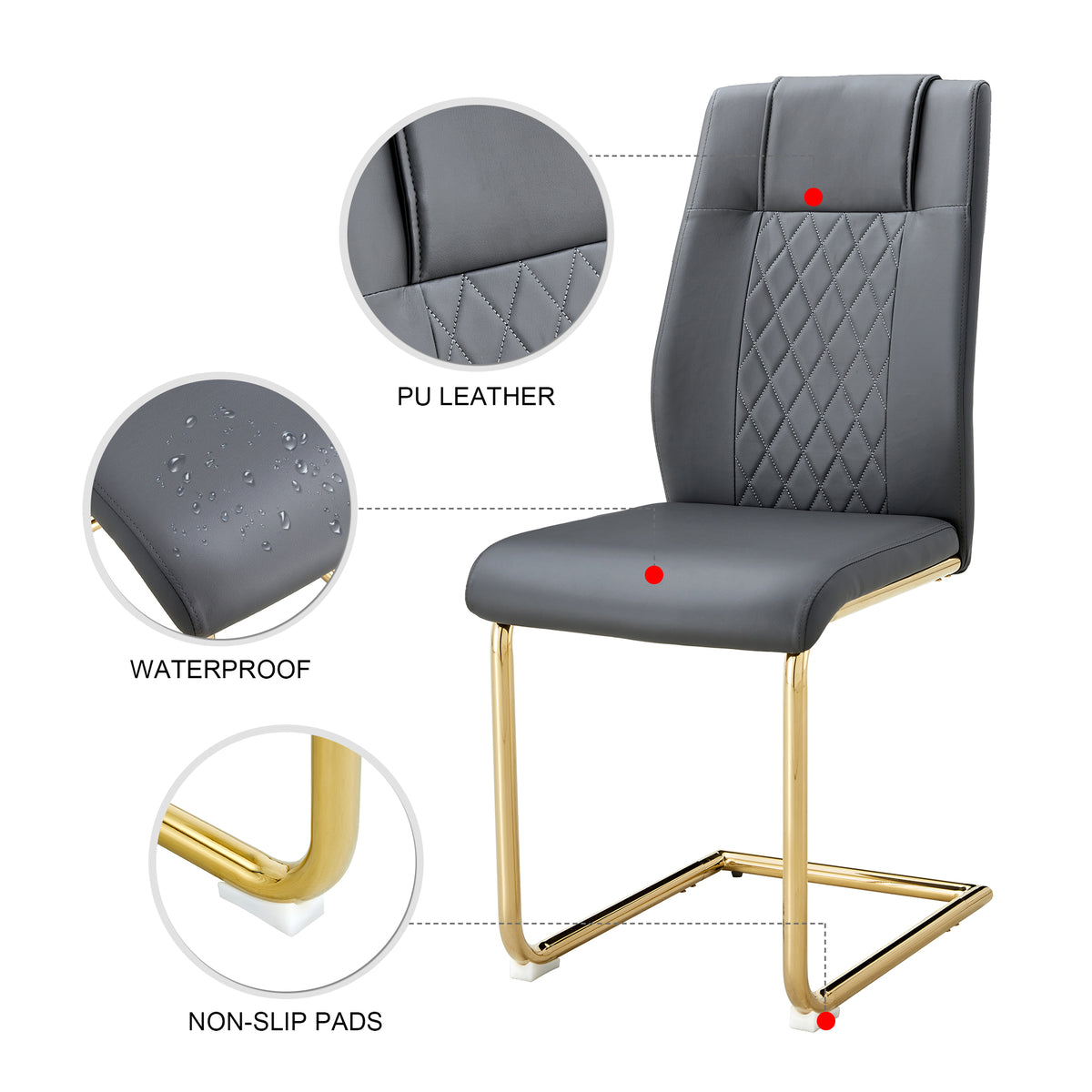 Gray faux leather chair with quilted back and cushioned seat, gold metal legs.