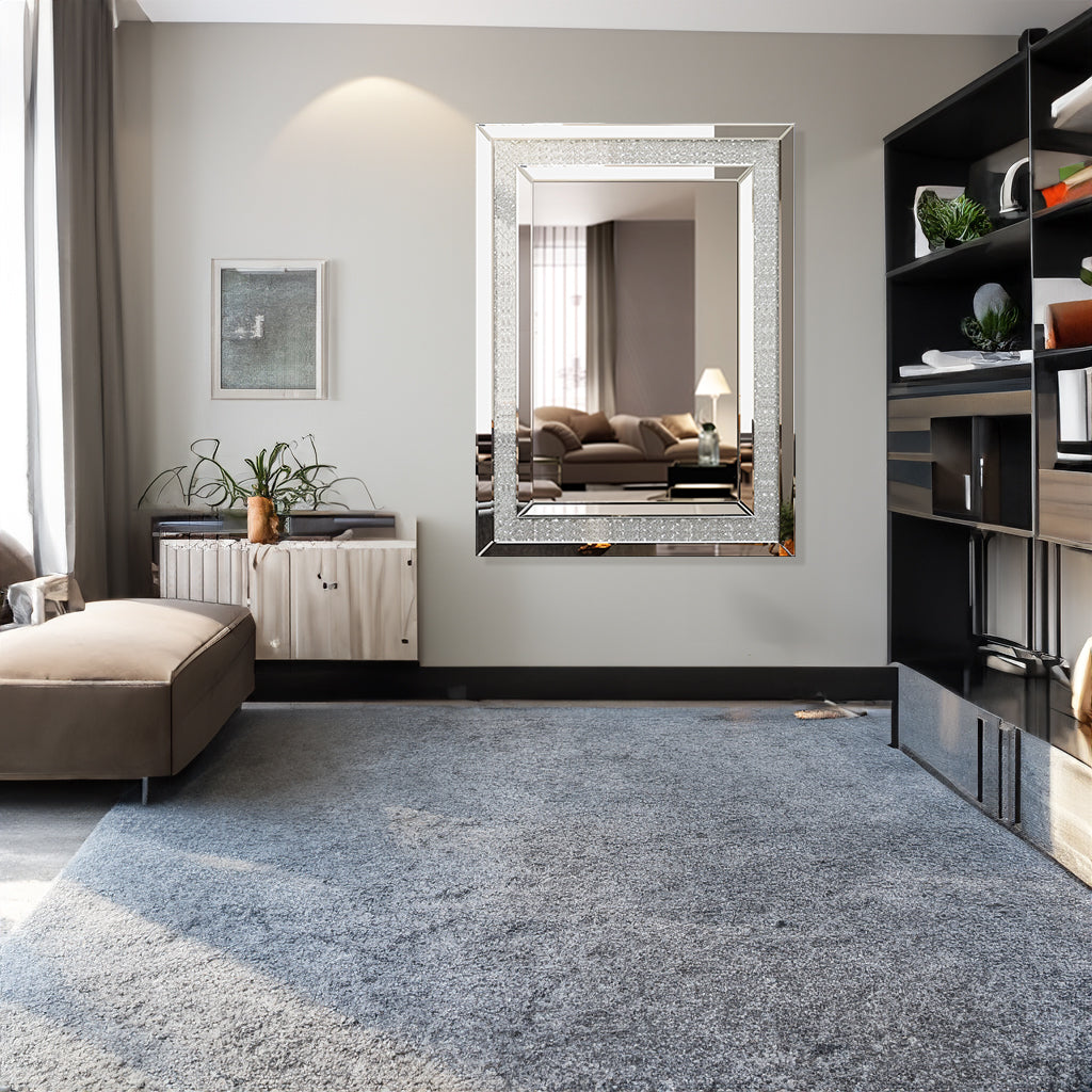 Large rectangular wall mirror with silver glitter-speckled frame and reflective HD glass.