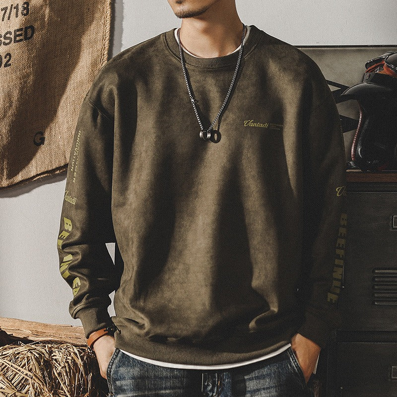 Men's suede-look crewneck sweatshirt, olive-brown, long sleeves with ribbed cuffs