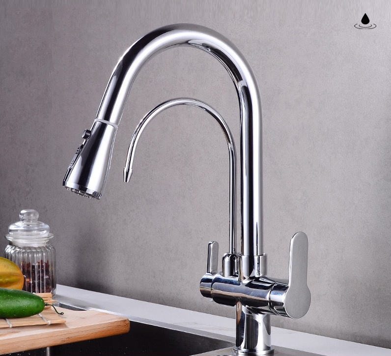 Chrome kitchen faucet with high arched spout, single lever handle, pull-out sprayer