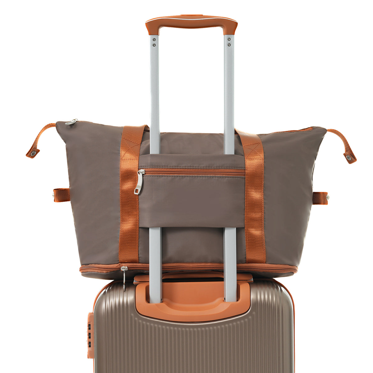 Coppery hard-shell carry-on suitcase with double spinner wheels and gray fabric tote on top