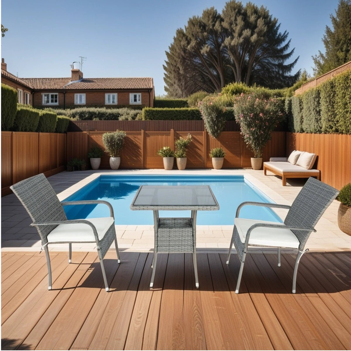 Grey wicker patio conversation set with white cushions, square glass-top table and four chairs.