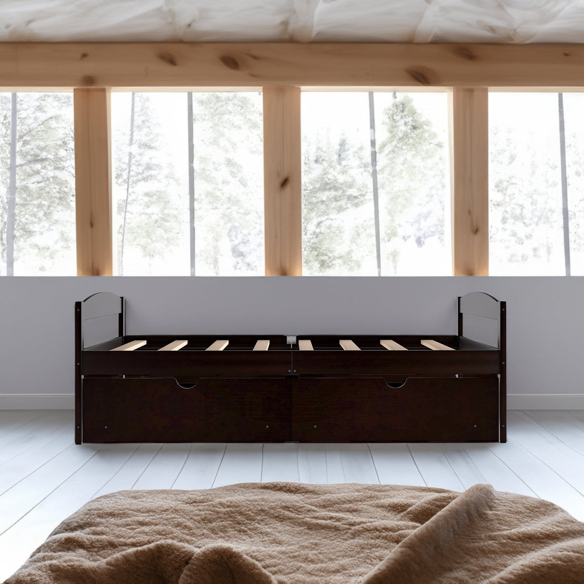 Twin platform bed with two drawers in espresso brown, open slat-style headboard