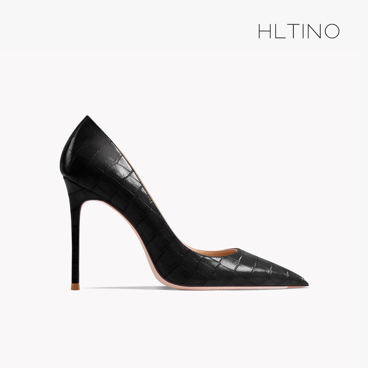 Women’s black pointy-toe patent leather pump, thin high heel, crocodile-texture upper