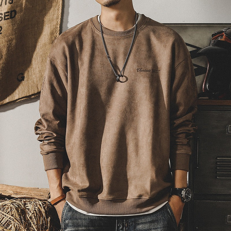 Men's suede-look crewneck sweatshirt, tan-brown, long sleeves with ribbed hem