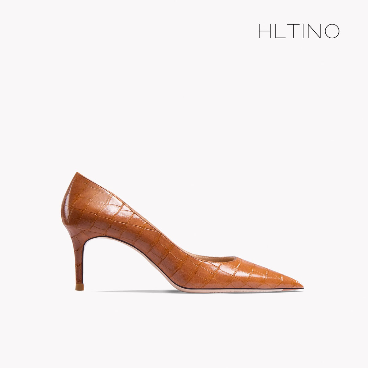 Brown patent leather pointed toe high heel pump with thin stiletto heel
