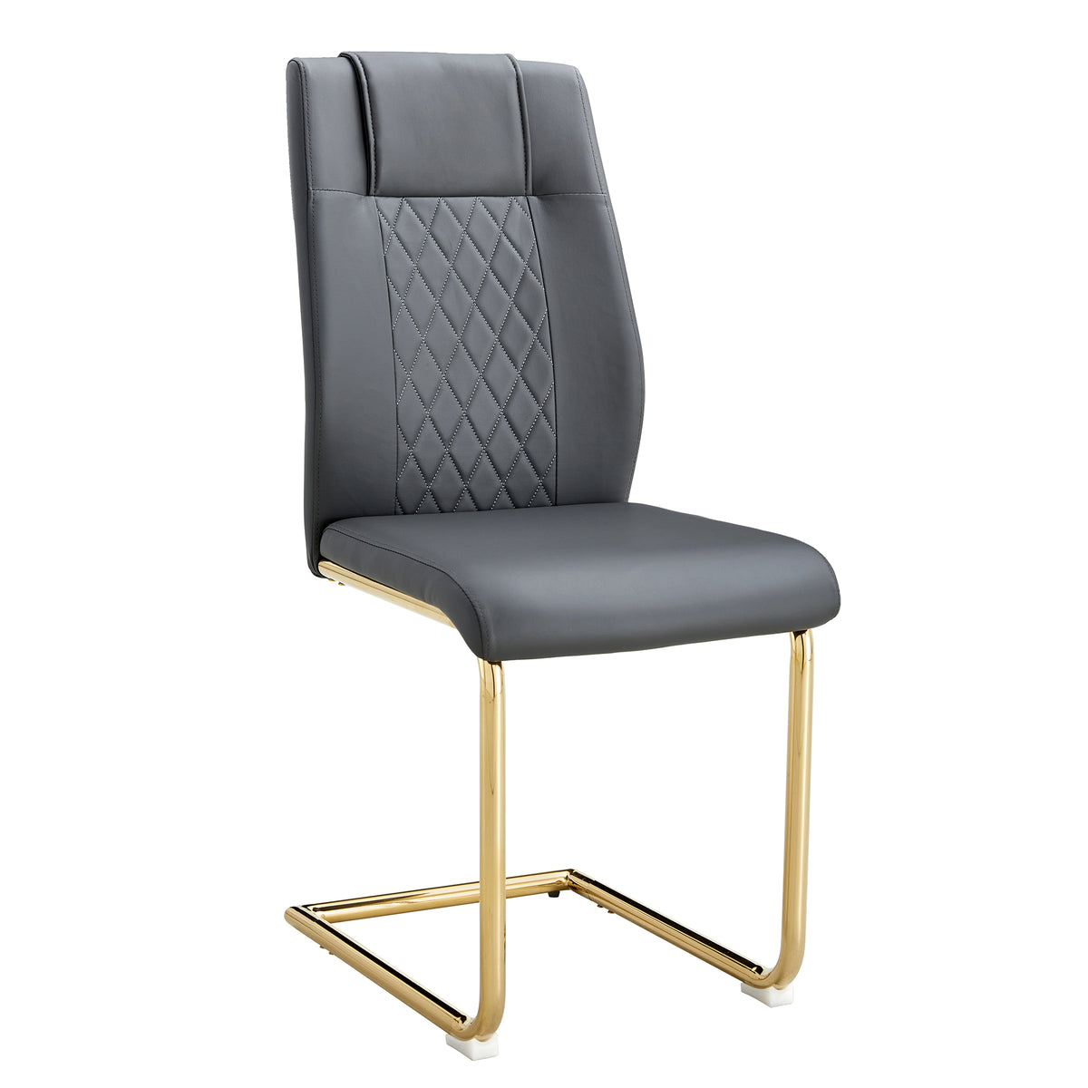 Gray faux leather accent chair with quilted back, cushioned seat, and gold metal sled legs.