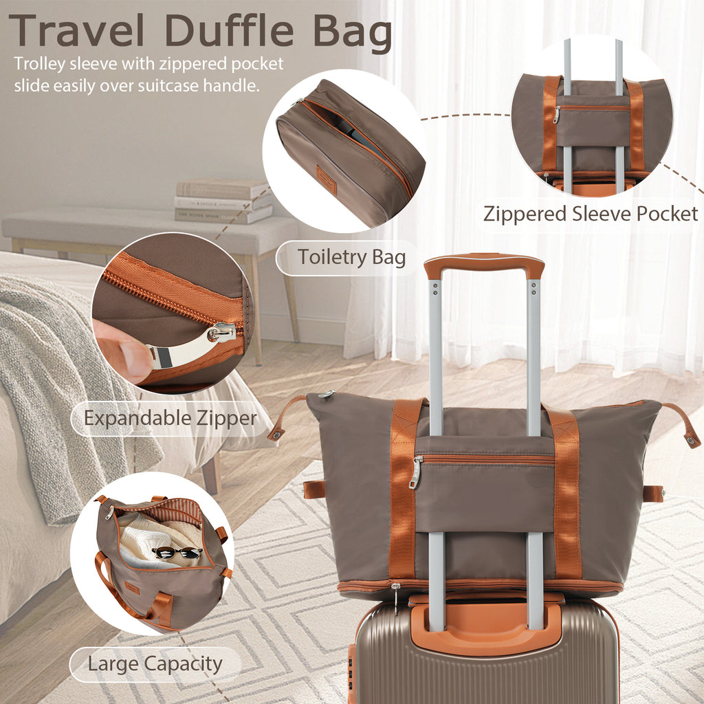 Gray travel duffle bag with trolley sleeve, zip pockets, and expandable zipper opening