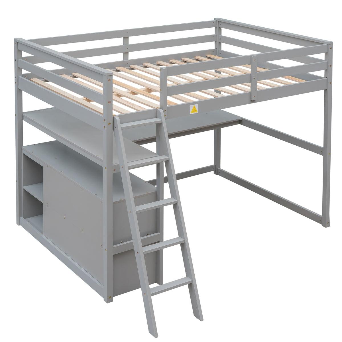 Gray loft bed with ladder and guard rails, open shelves and slatted mattress support