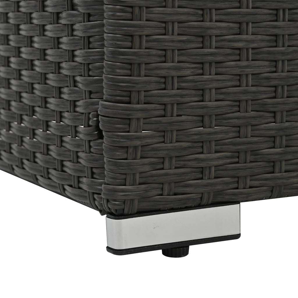 Dark gray woven wicker chair base with legs and cushioned arm
