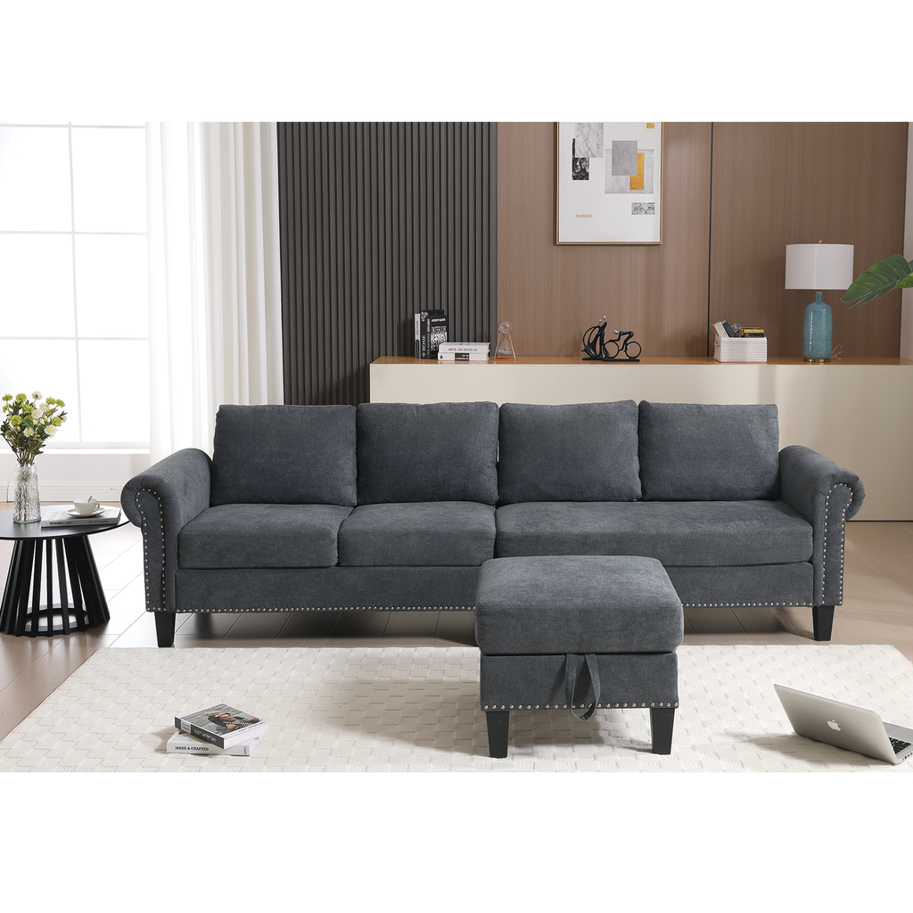 Gray velvet-look sectional sofa with chaise and storage ottoman, squared back cushions