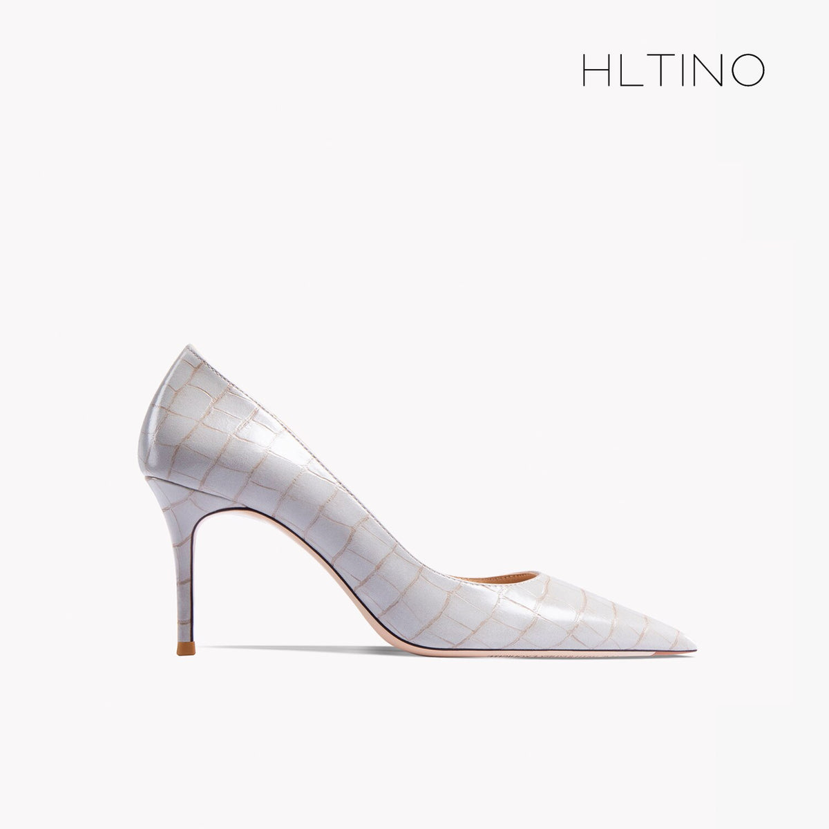 Women's pointed-toe high heel shoes, white croc-textured patent leather, stiletto heel