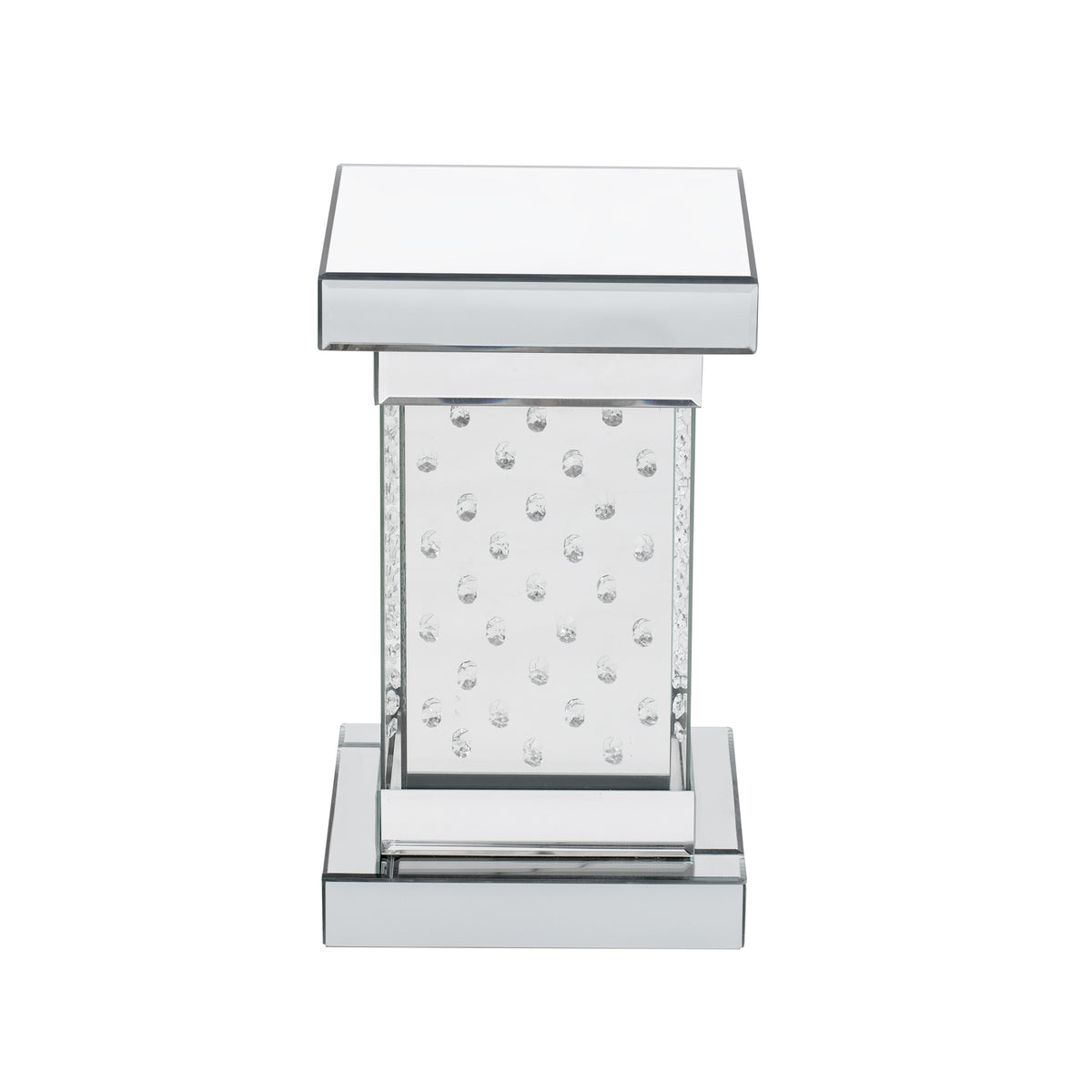 Square mirrored side table side view with crystal inlaid panel, clear glass top, chrome base.