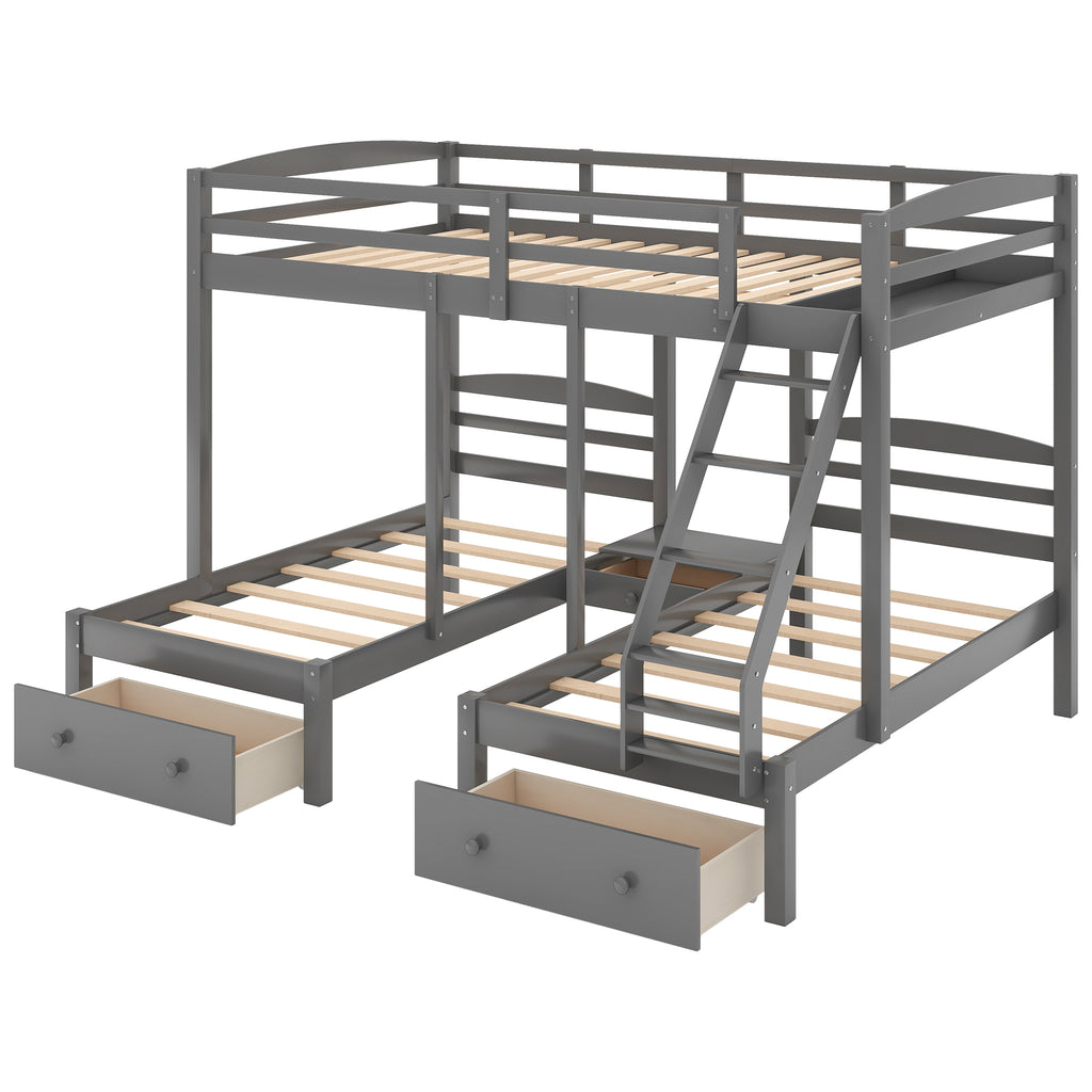 Gray triple bunk bed with ladders and four drawer units under the lower beds