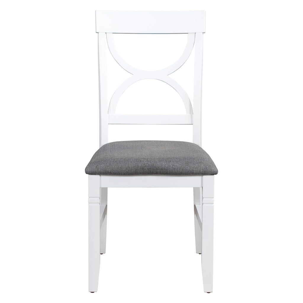 Wood dining chair with gray upholstered seat and white cutout back