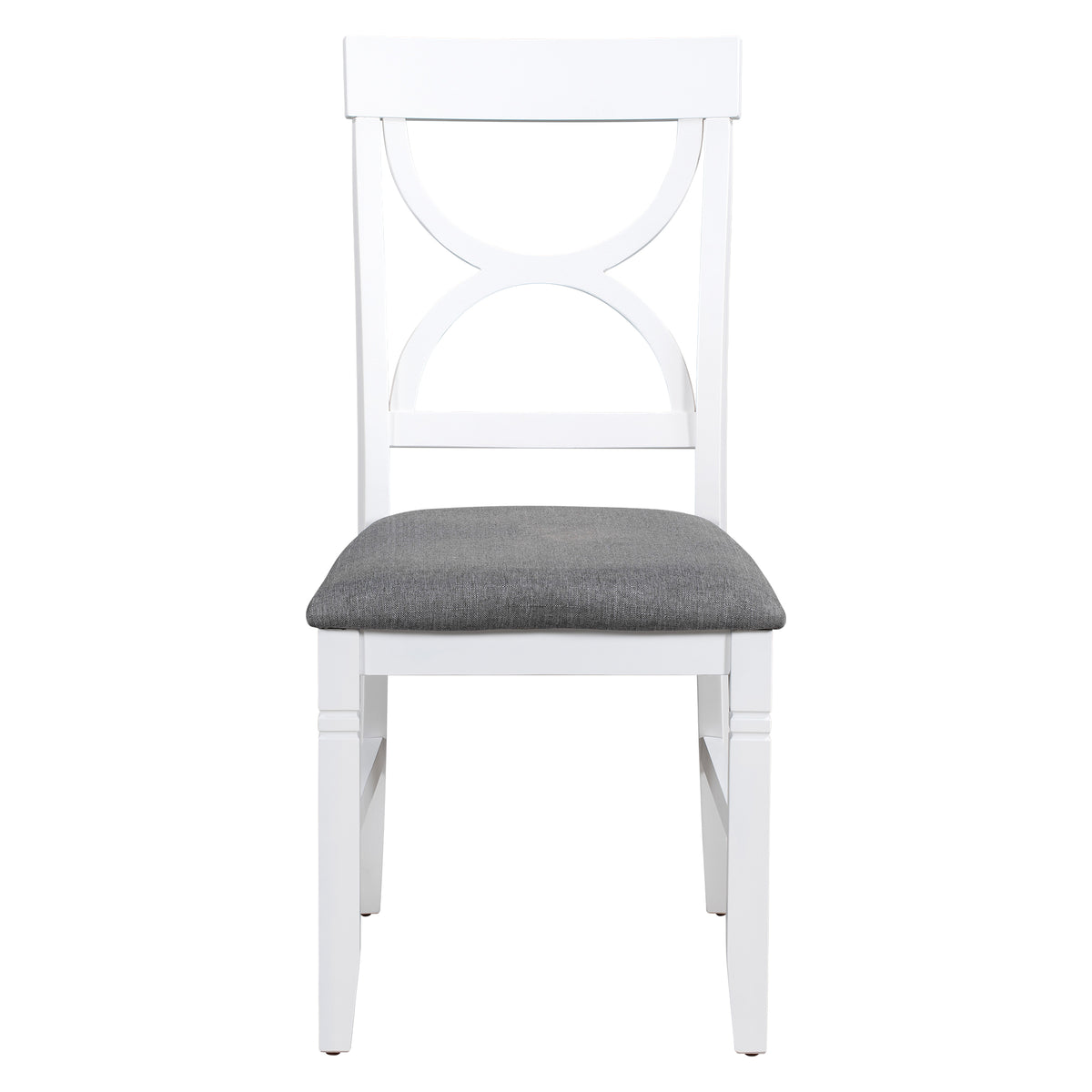 Wood dining chair with gray upholstered seat and white cutout back