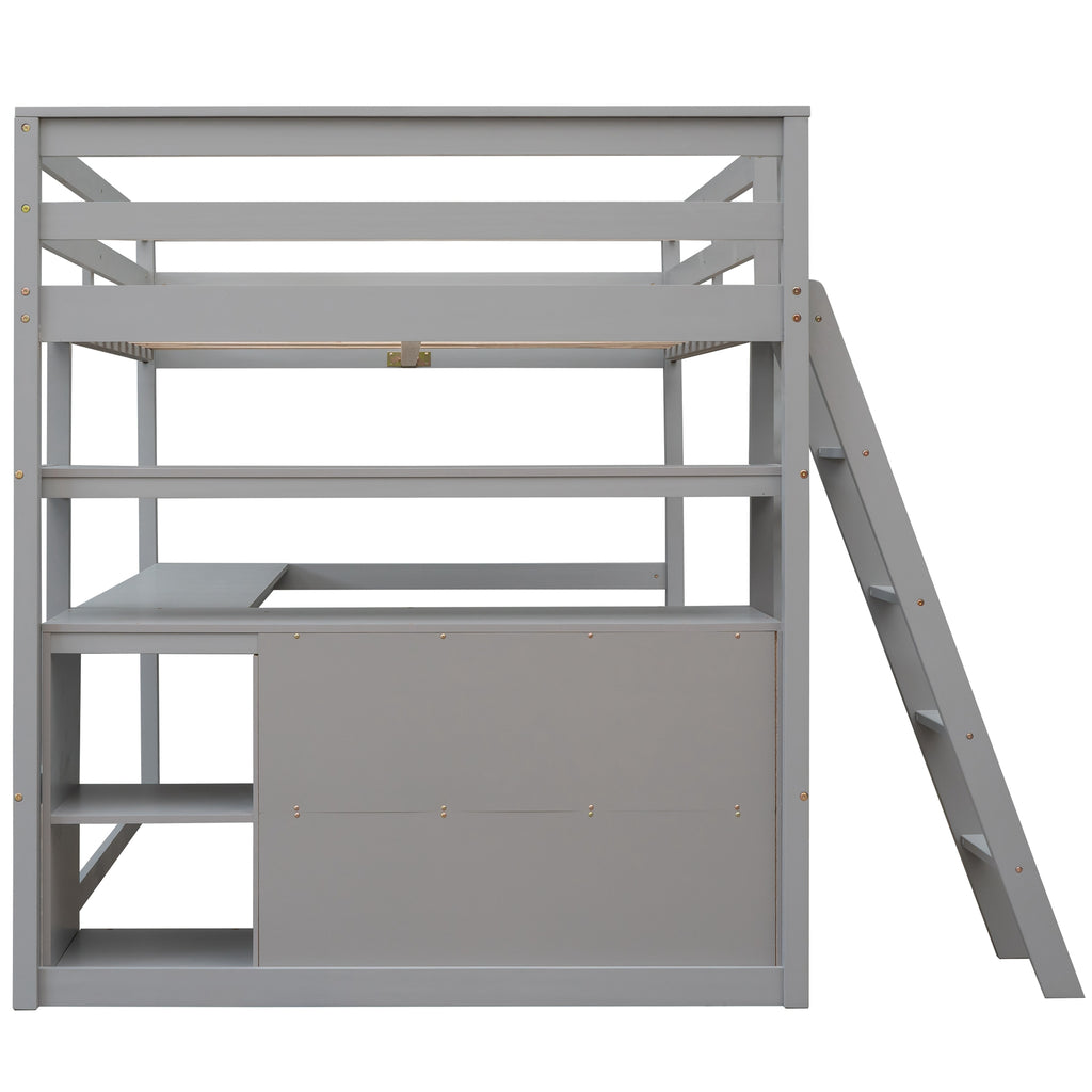 Gray loft bed with integrated ladder and guard rails, open lower storage area