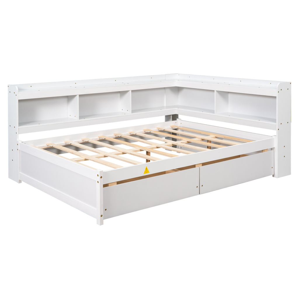 White bed frame with L-shaped bookcase panels and front drawers; slatted mattress base