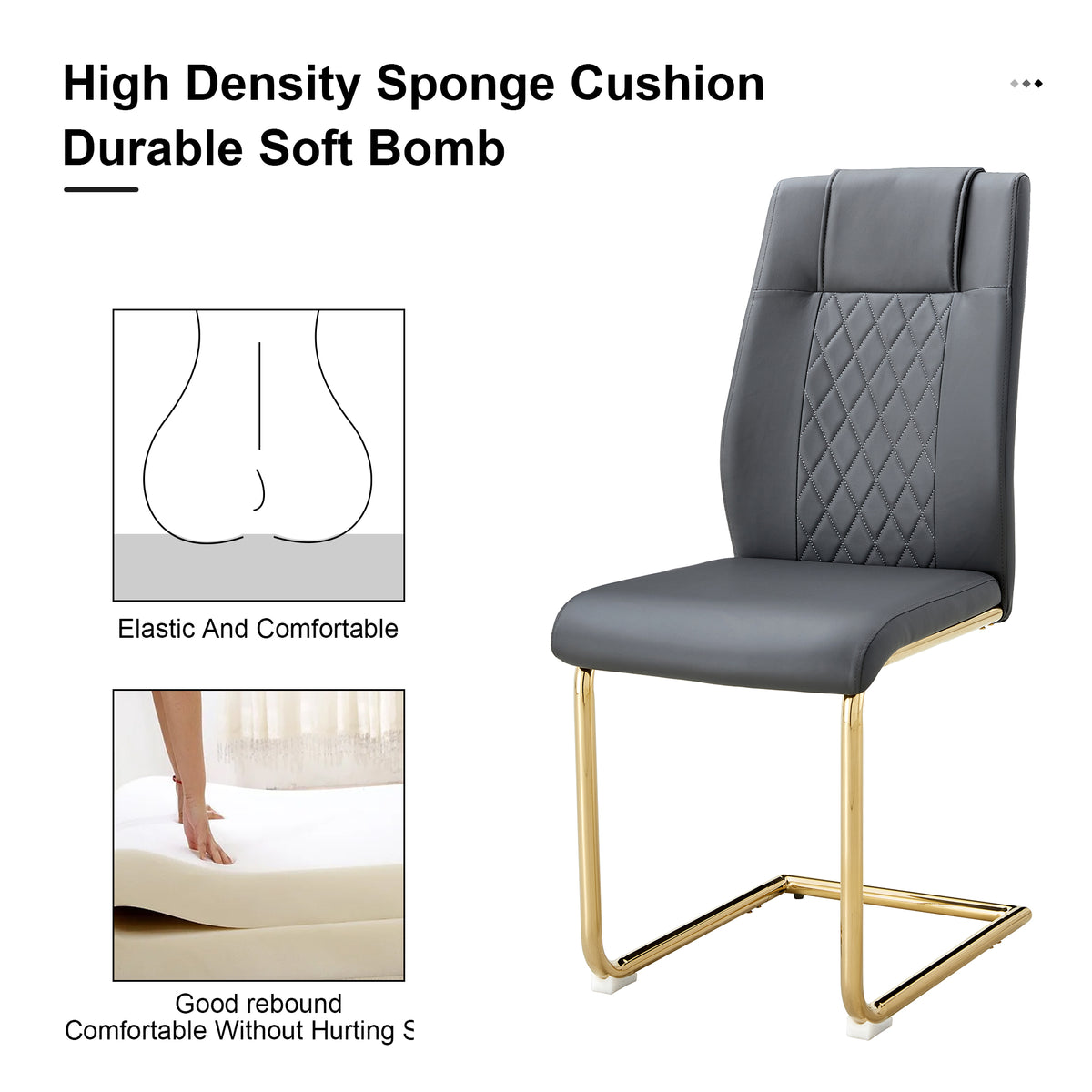 Gray cushioned dining chair with quilted back panel and gold metal frame, side view.