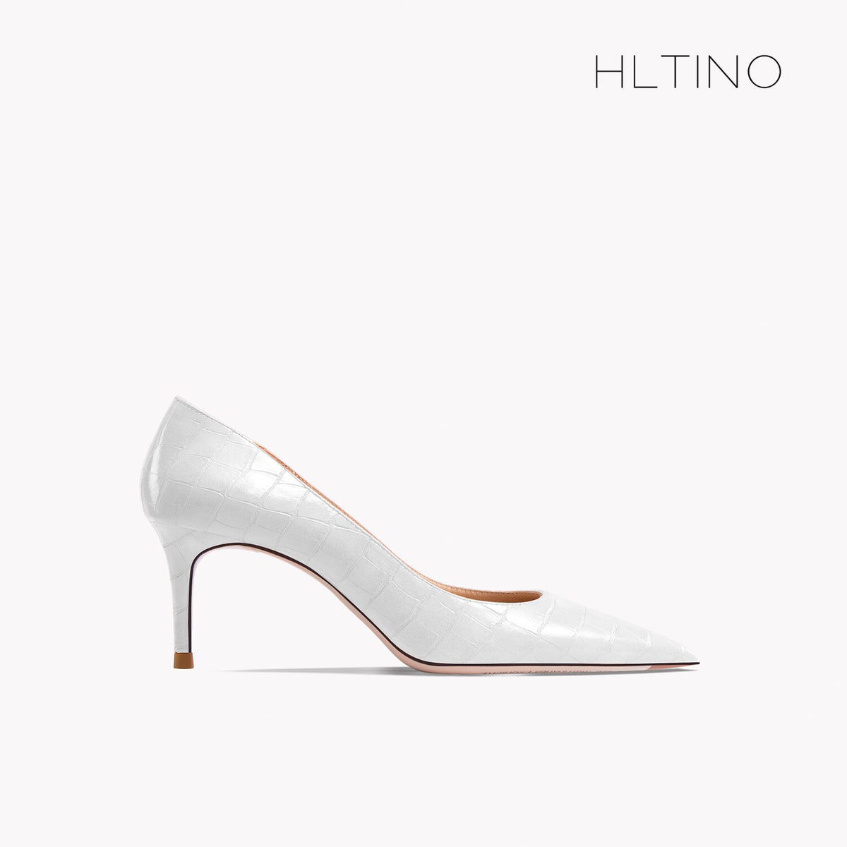 White pointed patent high heel shoe with thin heel, sleek vamp, croc texture