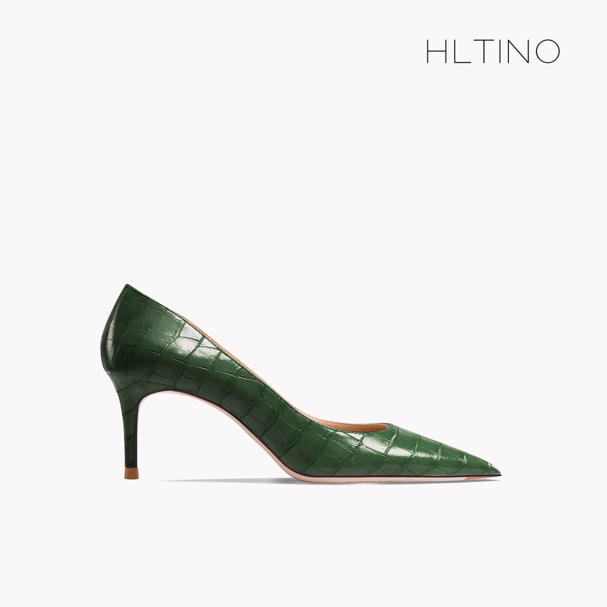 Green pointed-toe patent high heel pump with thin heel and croc-texture finish