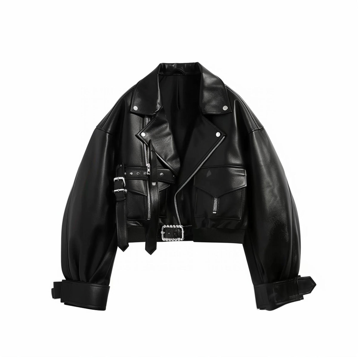 Black cropped leather biker jacket with buckled straps and zip pockets