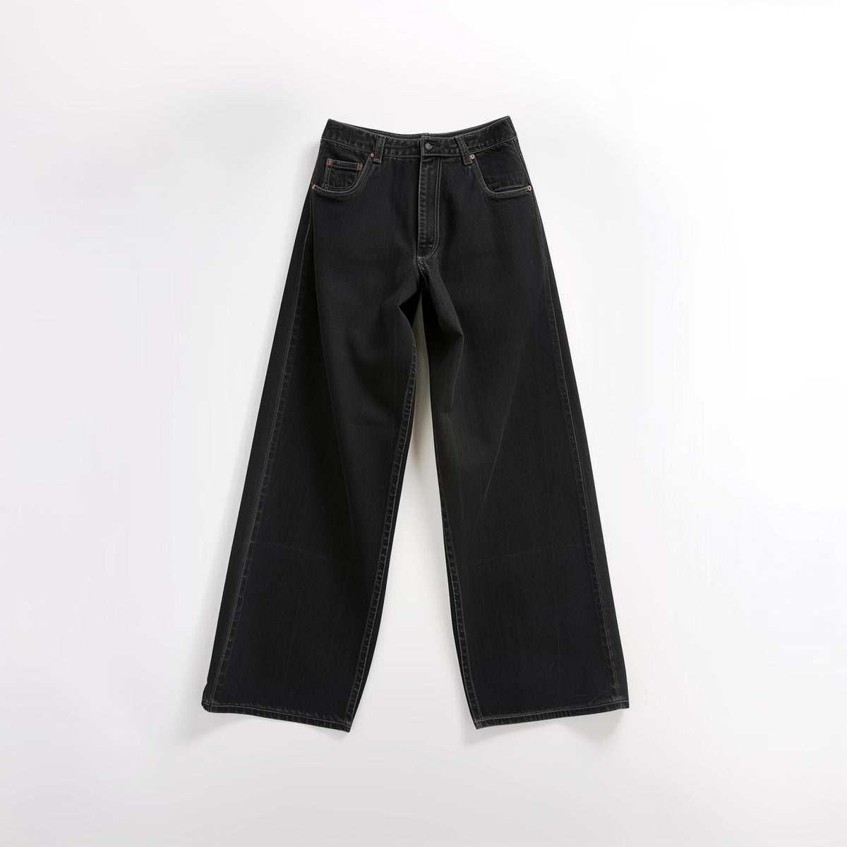 Black denim wide-leg jeans with contrast topstitching and button fly